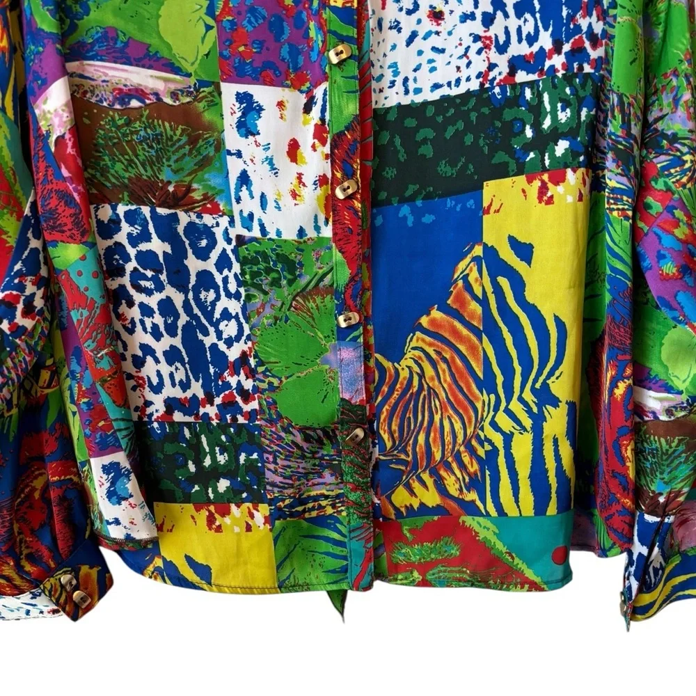 Alberto Makali Colorful Animal Print Patch Blouse Sz M Ruffle Back - Picture 5 of 10